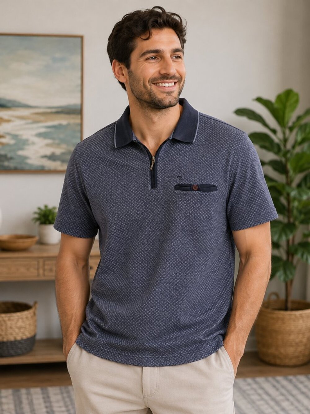 Arnold Palmer Men's Large Blue Geometric Quarter Zip Polo Shirt Short Sleeve
